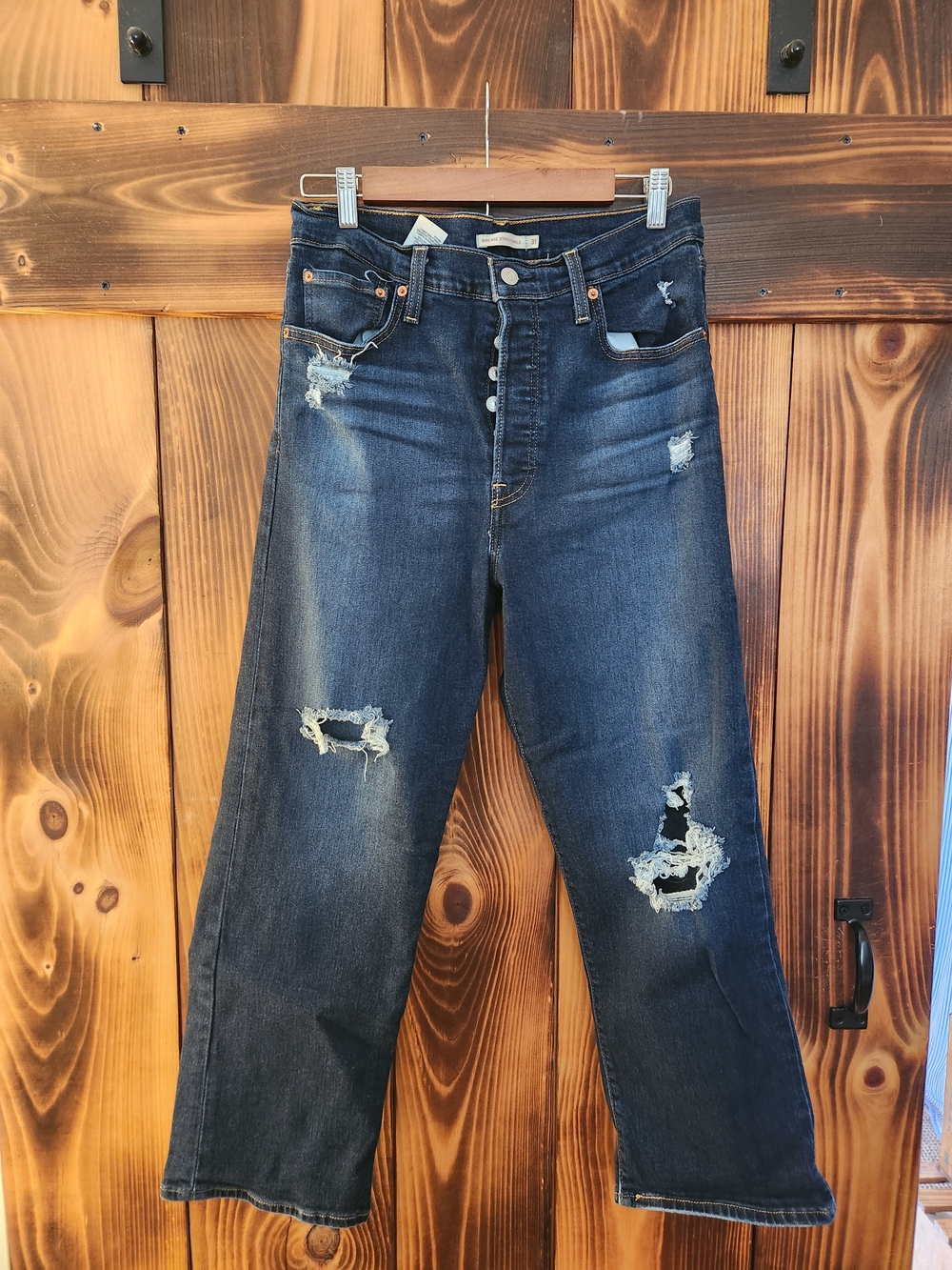 Levis Dark Wash Distressed Button-Fly Jeans